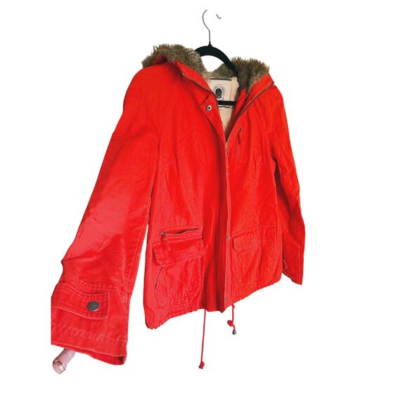 Anthro Daughters of the Liberation Fur Hood Full Zip Utility Parka Red XS Winter - Picture 11 of 13